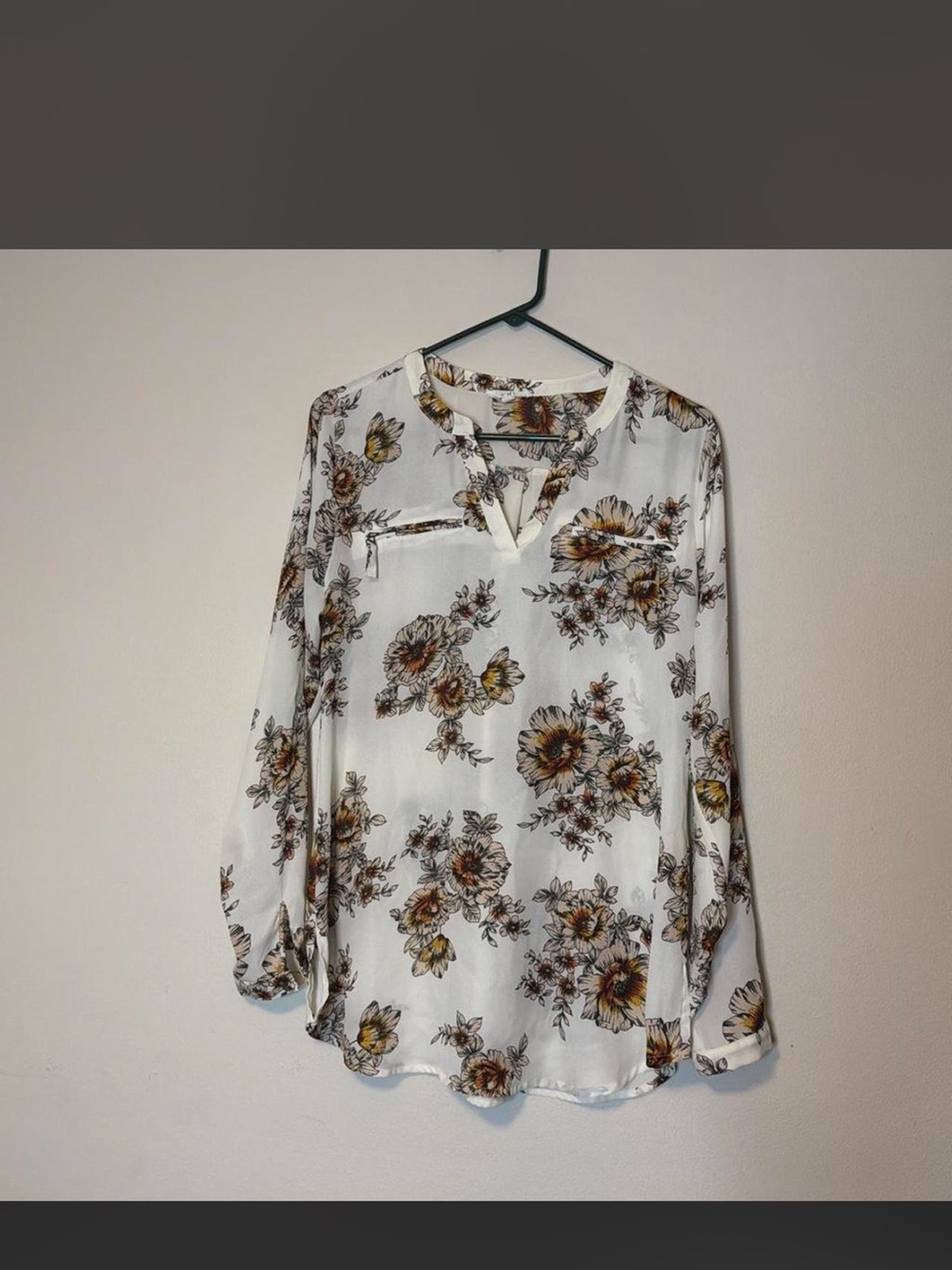 Maurices Cream Floral Split-Neck Blouse with Yellow and Brown Accents
